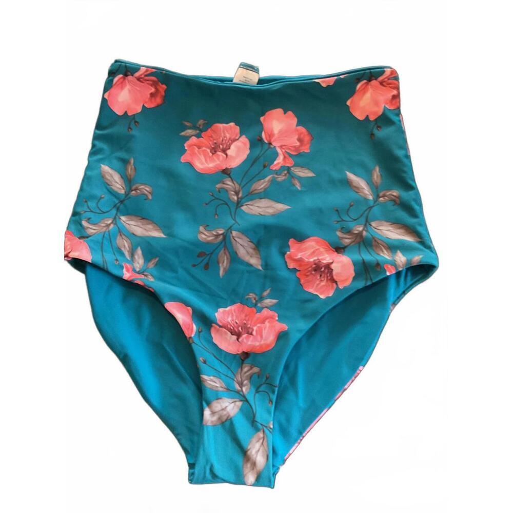 Coral Reef Reversible Floral Botanical High-Waisted Swim Bottom - Teal 8/10 - Picture 2 of 10